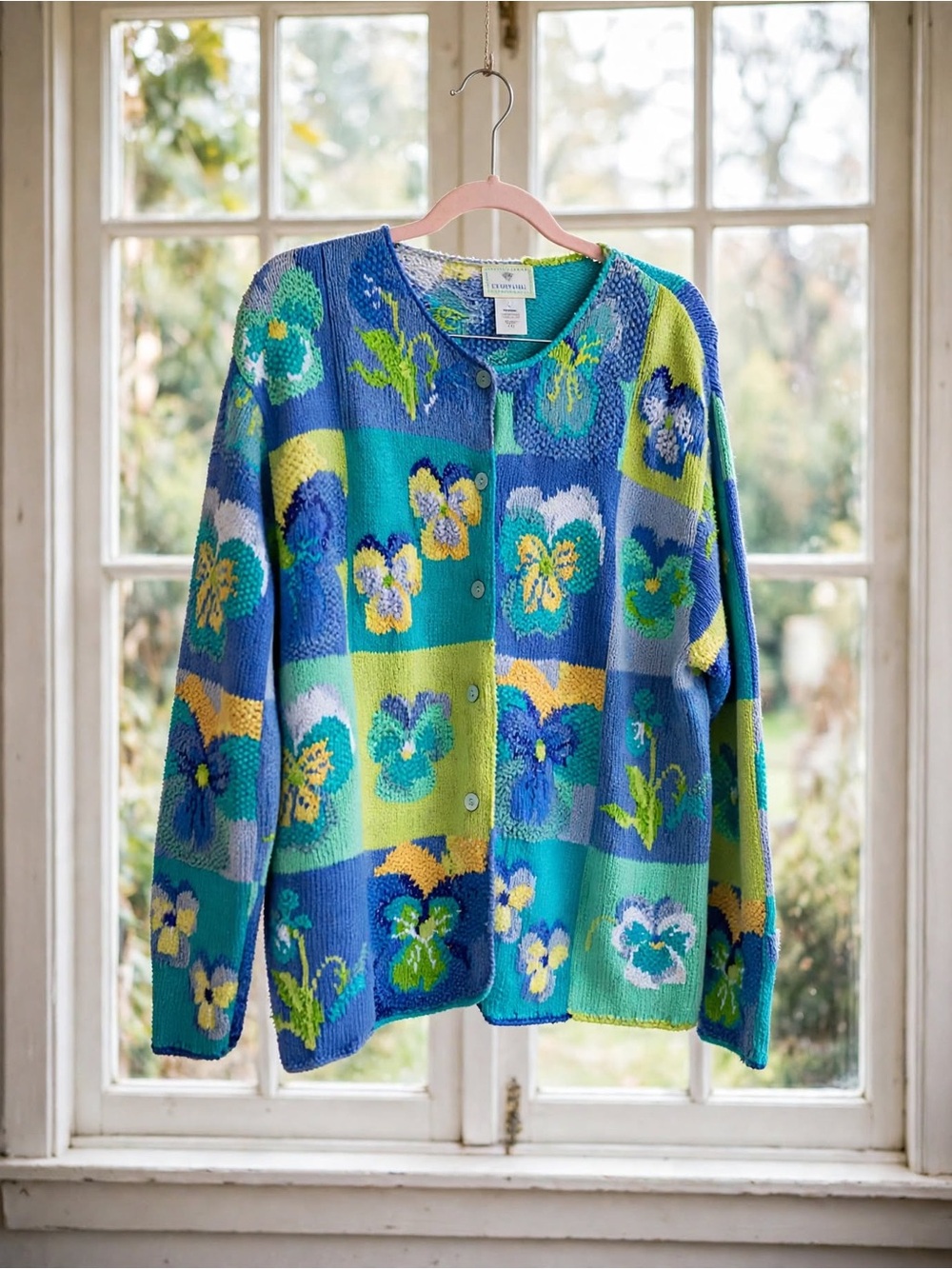 Vintage grandmacore cottagecore Susan Bristol Pansy Patchwork Cardigan - Size L